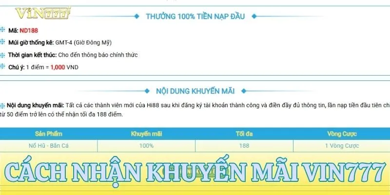 Hướng dẫn cách nhận khuyến mãi VIN777