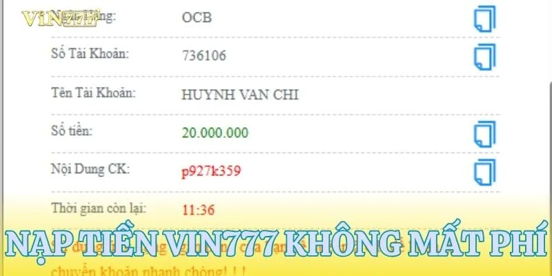 Nạp tiền VIN777 hoàn toàn không mất phí